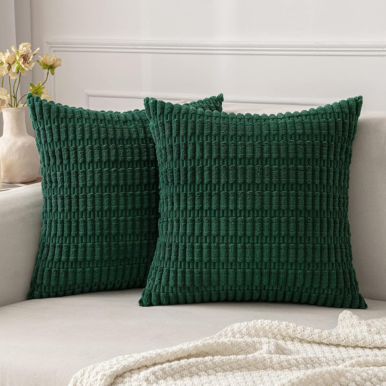 Pack of 2 Dark Green Corduroy Decorative Pillow Covers 18x18 Inch Soft Boho Striped Throw Pillow Covers Modern Farmhouse Home Decor for Sofa Living Room Couch Bed